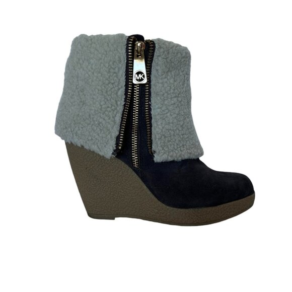 MICHAEL KORS booties Suede Fur Shearling cuff Wedge Bootie Gold MK Zipper 5 1/2 - Picture 2 of 12